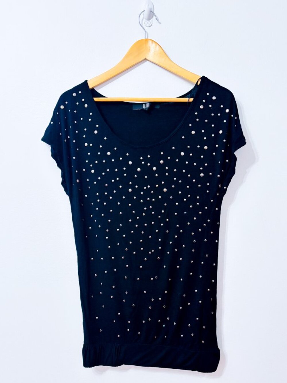 BEDO Black Silver Studded Tunic Top Short Sleeve Scoop Neck Rocker X-Small